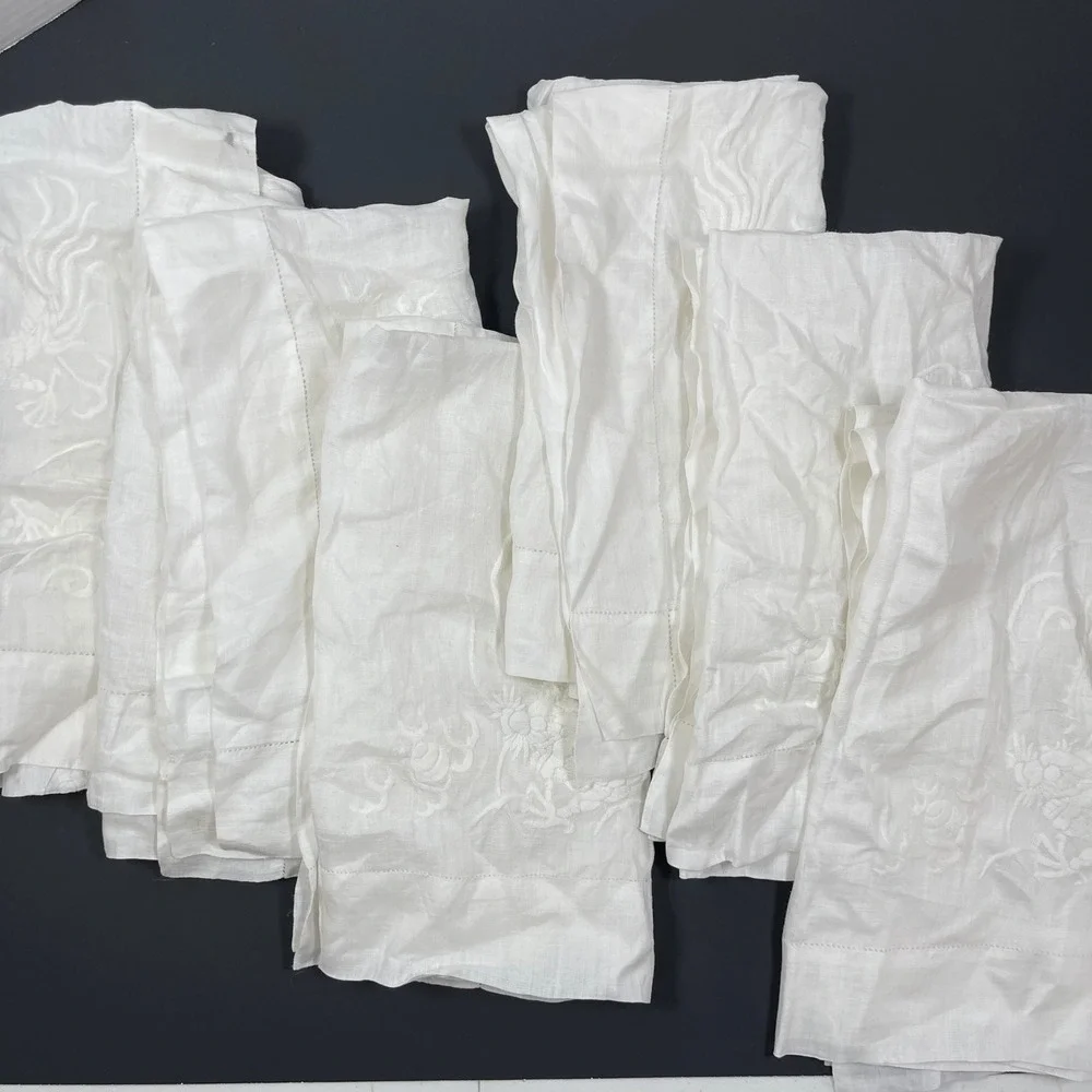 Vintage Hand Embroidered Dragon Handkerchief Napkins White Linen Chinoiserie